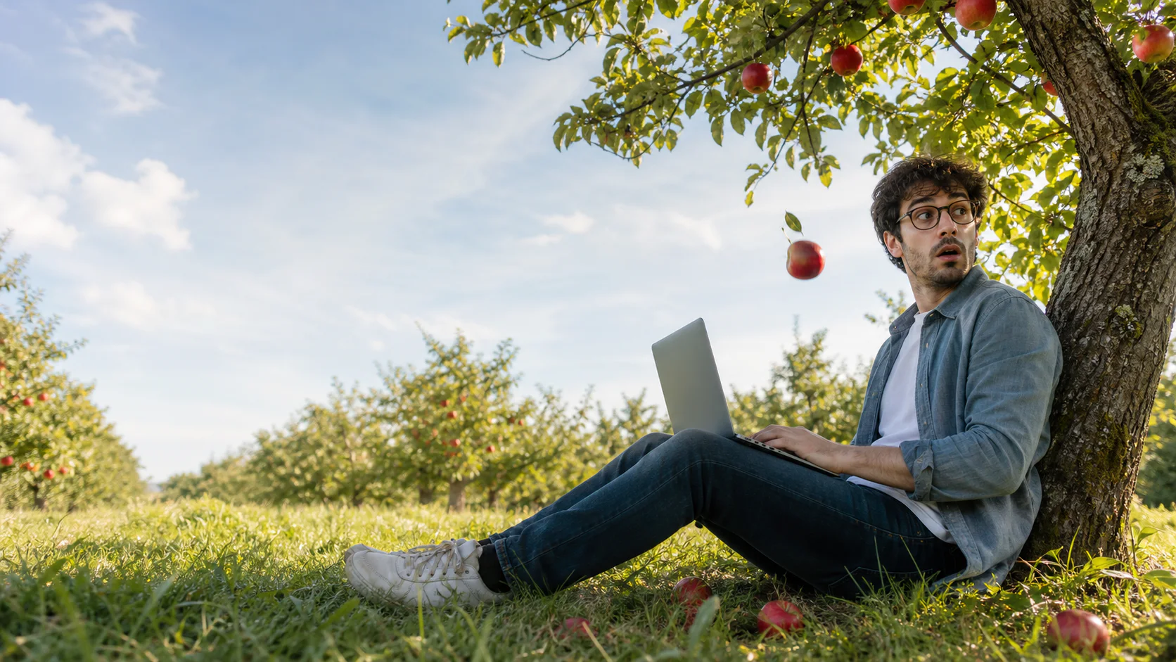 A developer working beneath an apple tree as an apple drops nearby